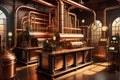 Mystical Contraptions: Steampunk Fantasy Electronic Laboratory Featuring Spark Coil Machines, Brass and Copper Tubing, Victorian Royalty Free Stock Photo