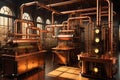 Mystical Contraptions: Steampunk Fantasy Electronic Laboratory Featuring Spark Coil Machines, Brass and Copper Tubing, Victorian Royalty Free Stock Photo