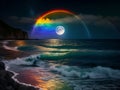 Mystical Convergence: Captivating Rainbow in the Moon on the Sea Photography for Ethereal Beauty