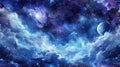 Mystical cosmic sky with glowing stars, nebula clouds, and planets. Royalty Free Stock Photo