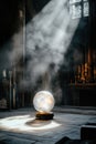 Mystical crystal ball in sunlit ancient room with atmospheric dust particles Royalty Free Stock Photo