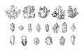 Mystical crystals or diamonds isolated cliparts bundle, floral magic hand drawn crystals, line gem stones isolated items