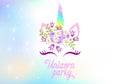 Cute unicorn with flowers wreath against the background of the iridescent universe with sparkling stars and invitation text Royalty Free Stock Photo