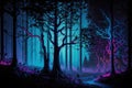 Mystical dark forest with glowing trees and fog. Halloween background Royalty Free Stock Photo