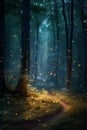 Mystical dark forest with magic light. Magical foggy night Royalty Free Stock Photo