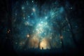 Mystical dark forest with a man standing in the middle.