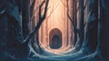 Mystical dark forest with mysterious door. Halloween  illustration. Royalty Free Stock Photo