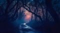 Mystical dark scary forest with fog and footpath. Halloween background. Royalty Free Stock Photo