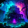 Mystical dark temple in the forest. Fantasy 3D illustration. Generative AI