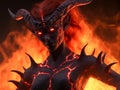 Mystical demon character with glowing eyes and fiery background