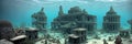 The mystical depths of an Underwater Ruins. Submerged buildings, coral-covered columns, schools of exotic fish glide