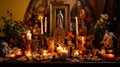 Mystical Devotion: A Santaria Altar Illuminated by Flickering Candles Royalty Free Stock Photo