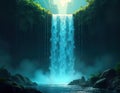 Mystical digital waterfall cascades into tranquil pool. Binary code flows down waterfall. Nature, technology blend in surreal