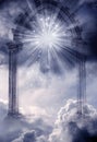 Mystical divine angel gate to Paradise with rays of light and stars