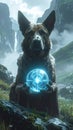 Mystical dog holds glowing blue orb Royalty Free Stock Photo