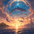 Mystical Dolphin Dance under the Sunrise Sky Royalty Free Stock Photo