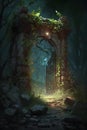 Mystical door in the dark forest, 3D illustration.