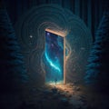 Mystical door in the dark forest. 3D rendering.