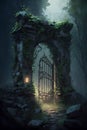 Mystical door in a dark forest. 3D rendering. Royalty Free Stock Photo