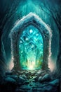 Mystical door in a dark forest. Fantasy illustration. Digital painting Royalty Free Stock Photo