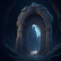 Mystical door in the form of an arch in a dark cave.