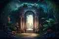 Mystical door in the jungle. Generative AI illustration Royalty Free Stock Photo