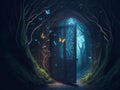 A mystical door in a spooky, dark forest.