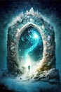 Mystical door in surreal space. Fantasy scene