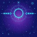 Mystical drawing: All-seeing eye, orbits of planets, energy circle.Mystical drawing: stylized Solar system, moon phases, orbits of Royalty Free Stock Photo