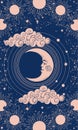 Mystical drawing for astrology or boho design, crescent moon with a face on a blue background. Sacred geometry. Vector