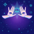 Mystical drawing: cartoon human skull,  orbits of planets, cosmic symbols.Mystical drawing: Women `s hands, all-seeing eye, flash Royalty Free Stock Photo