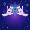 Mystical drawing: cartoon human skull, orbits of planets, cosmic symbols.Mystical drawing: Women `s hands, all-seeing eye, flash