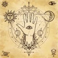 Mystical drawing: divine hand, all-seeing eye, circle of a phase of the moon. Royalty Free Stock Photo