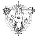 Mystical drawing: divine hand, all-seeing eye, circle of a phase of the moon. Royalty Free Stock Photo