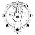 Mystical drawing: divine hand, all-seeing eye, circle of a phase of the moon. Royalty Free Stock Photo