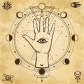 Mystical drawing: divine hand, all-seeing eye, circle of a phase of the moon. Royalty Free Stock Photo