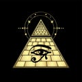 Mystical drawing: Egyptian pyramid with separated top emits energy. Eye of god Horus.