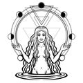 Mystical drawing: the female goddess with long hair. Circle phase of the moon.