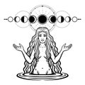 Mystical drawing: the female goddess with long hair. Phase of the moon. Royalty Free Stock Photo