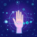 Mystical drawing: human hand holds the universe. Royalty Free Stock Photo