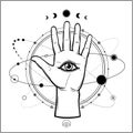 Mystical drawing: human hand holds the universe. Planets and stars rotate in orbits around the palms.