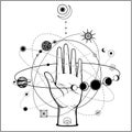 Mystical drawing: human hand holds the universe. Royalty Free Stock Photo