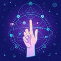 Mystical drawing: human hand Indicates space symbols.