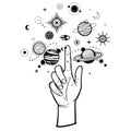 Mystical drawing: human hand Indicates space symbols. Royalty Free Stock Photo