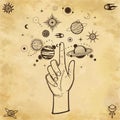 Mystical drawing: human hand Indicates space symbols. Royalty Free Stock Photo