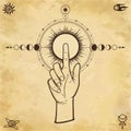 Mystical drawing: human hand points to the sun. Royalty Free Stock Photo