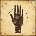 Mystical drawing: In the human hand is the universe: stars, comet, cosmic symbols.