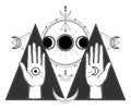 Mystical drawing: human hands hold lunar symbols. Phases of the moon, energy circles. Royalty Free Stock Photo