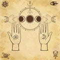 Mystical drawing: human hands, phases of the moon. Sacred geometry. Royalty Free Stock Photo