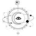 Mystical drawing: moon, All-seeing eye, orbits of planets, energy circle. Royalty Free Stock Photo